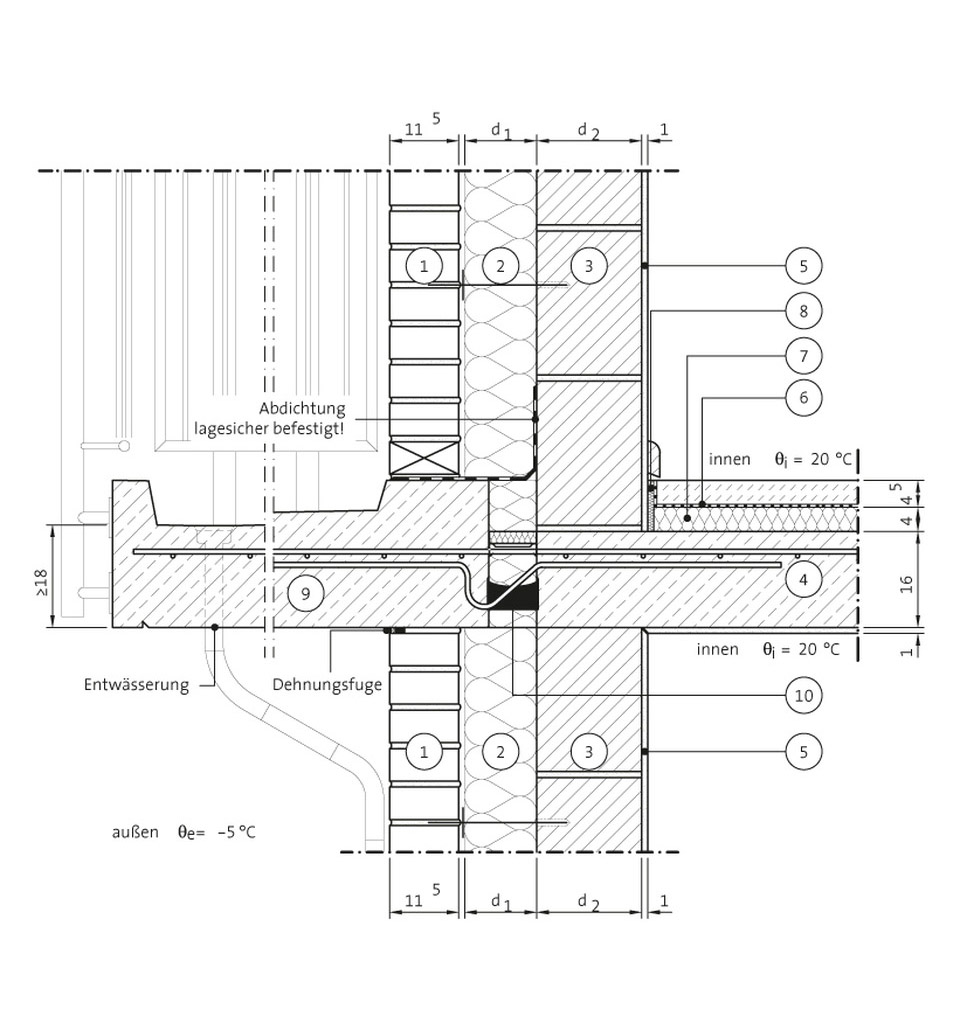 Balkonanschluss, Balkonplatte – Wandebene